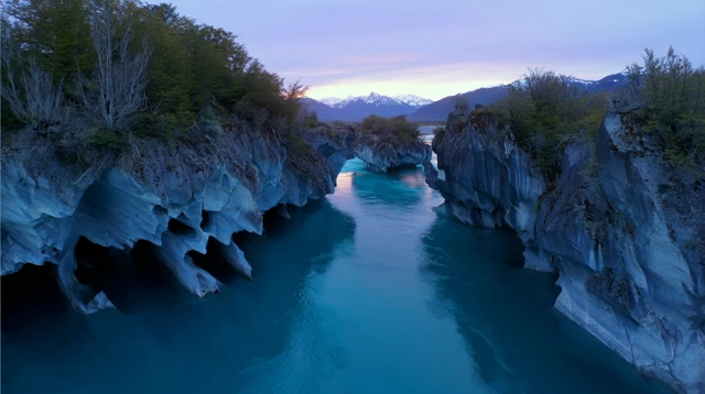 Patagonia Marble Caves Drone View Turquoise Water Blue Hour