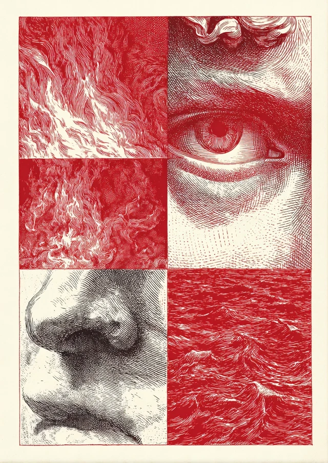 Woodcut Art Fire and Michelangelo David