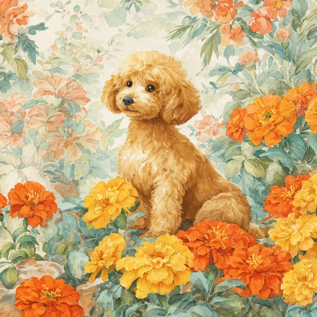 Poodle Watercolor Painting Flowers Richard Scarry Style