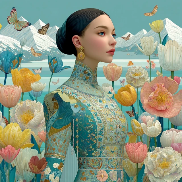 Uyghur Woman in Tulips Serene Luxury Portrait