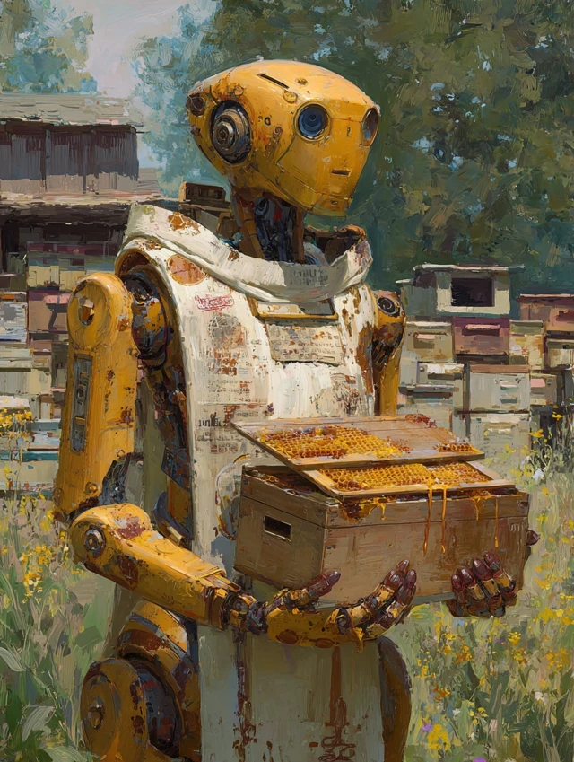 Retrofuturistic Robot Beekeeper Painting