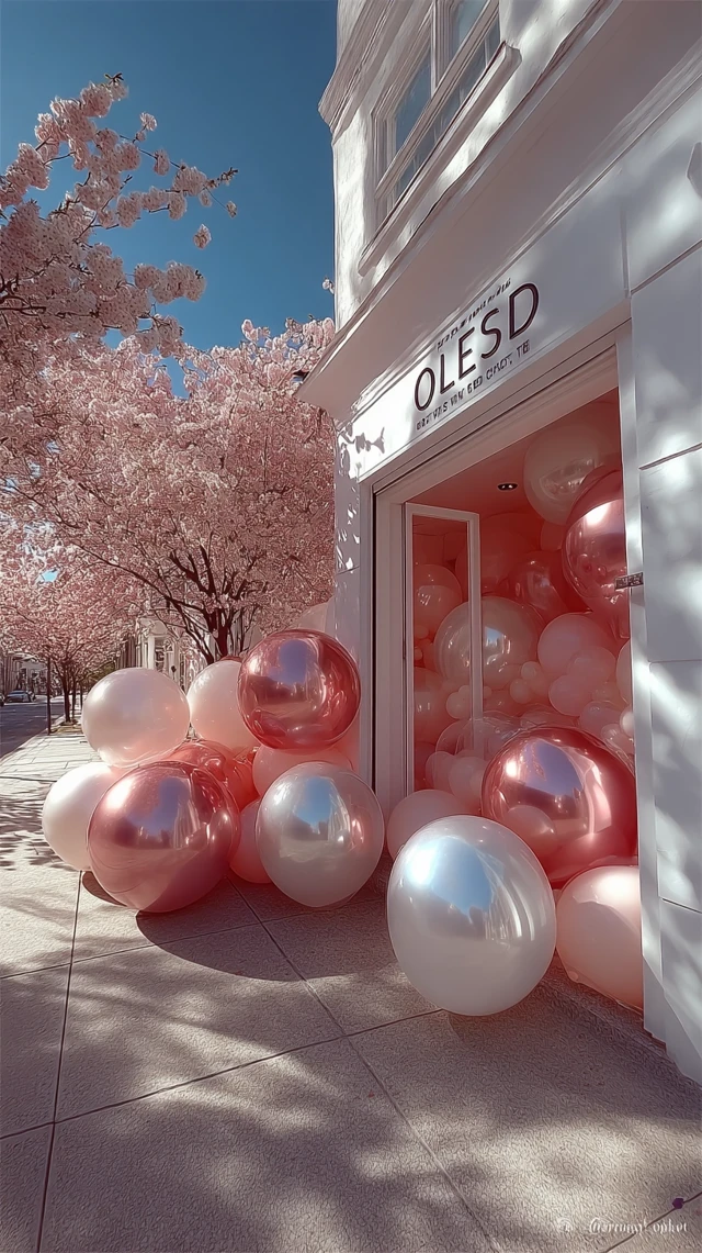 Storefront with Balloons and Cherry Blossoms