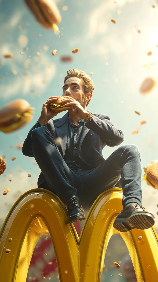 Surreal McDonald&#039;&#039;s Scene Man Eating Burger