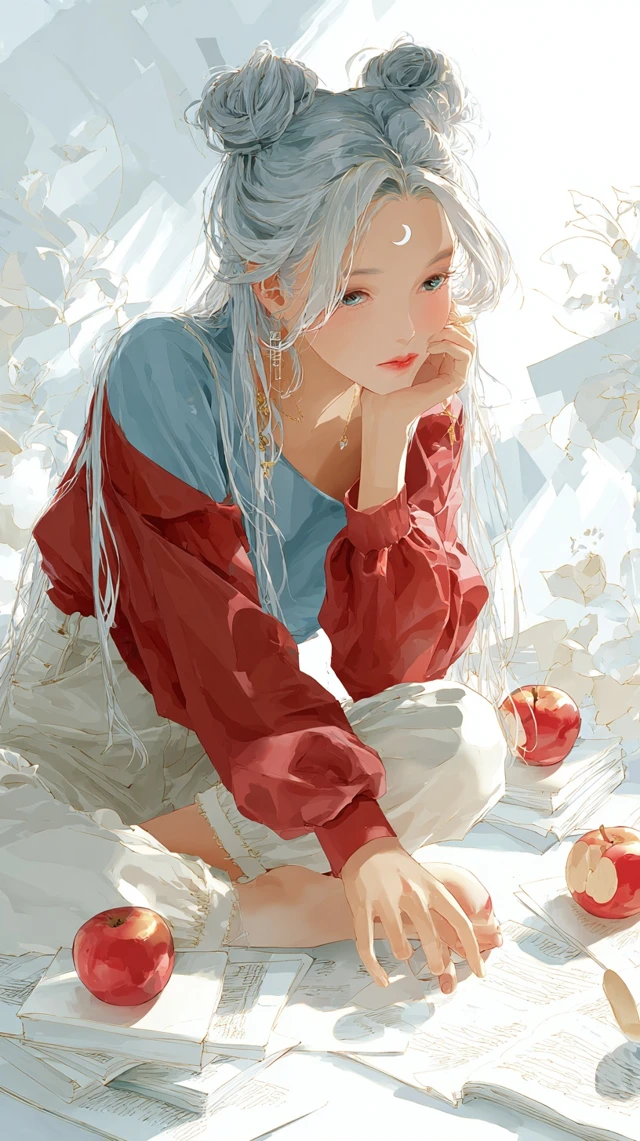 Moon Hare Girl Art Illustration Silver Hair Bun