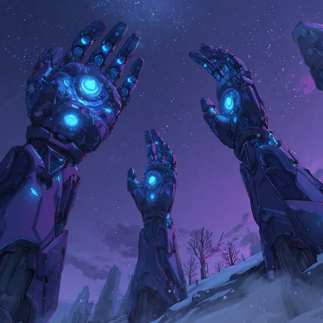 Cyberpunk Robot Hand in Snow SciFi Scene