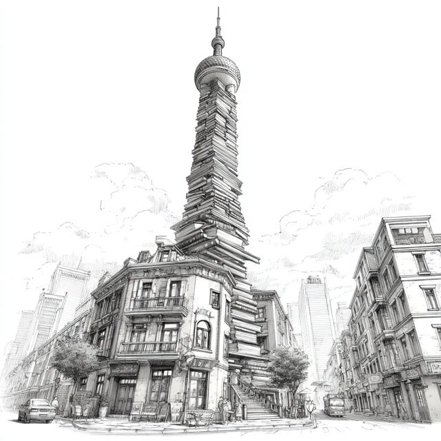 Guangzhou Tower Made of Books Line Drawing
