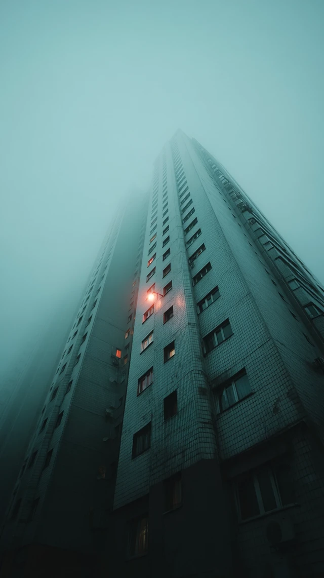 Retrofuturistic Skyscraper in Turquoise Fog