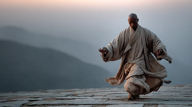 Solitary Monk Ritual in Chinese Mountains