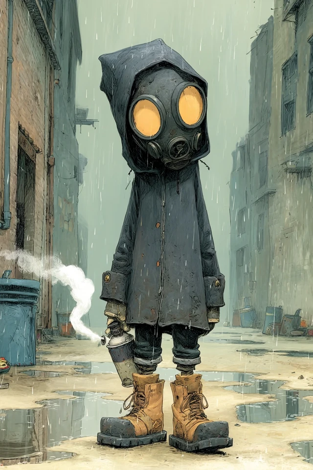 Dystopian Art Gas Mask Figure Alleyway