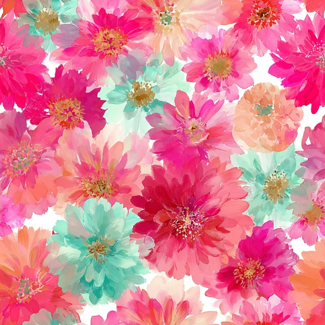 Watercolor Floral Pattern Bright Flowers Dahlias Zinnias