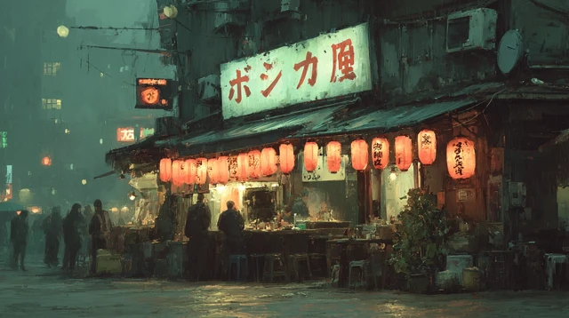 Cyberpunk Osaka Night Market Illustration
