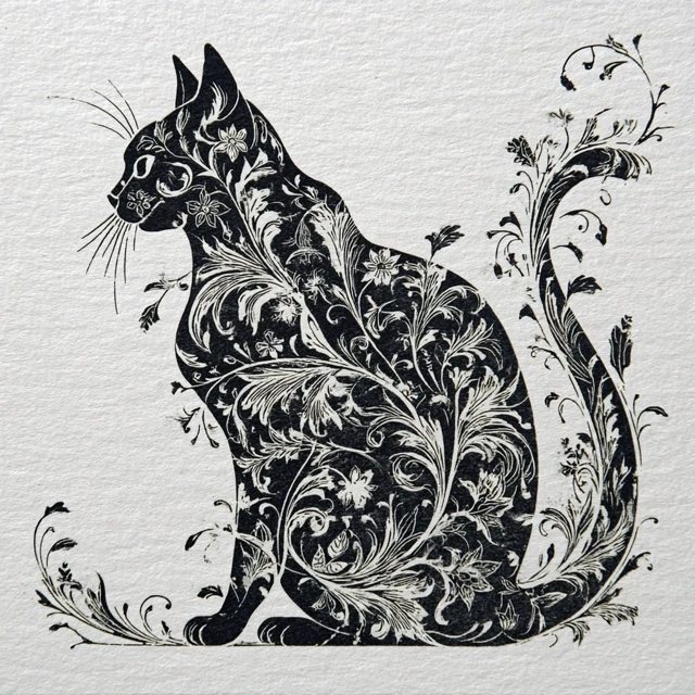 Floral Cat Stencil Black and White Art