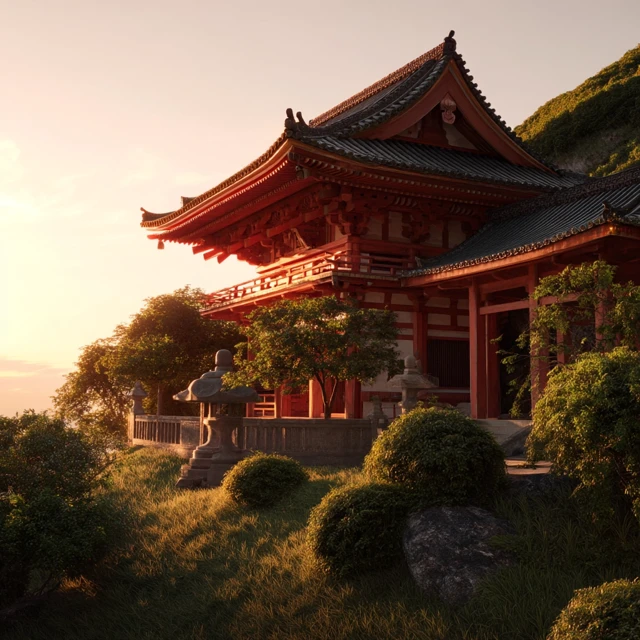 Japanese Temple at Sunset Kyoto Landscape