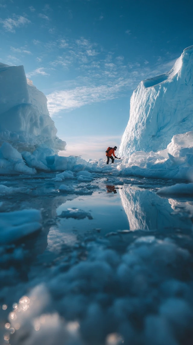 Antarctica Iceberg Scene Person in Blizzard