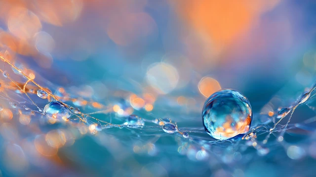 Water Droplet on Spiderweb Blue Orange Hues