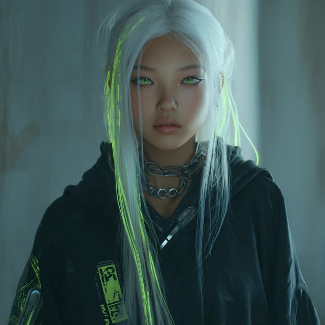 Cyberpunk Asian Girl Neon Eyes and Glitchcore