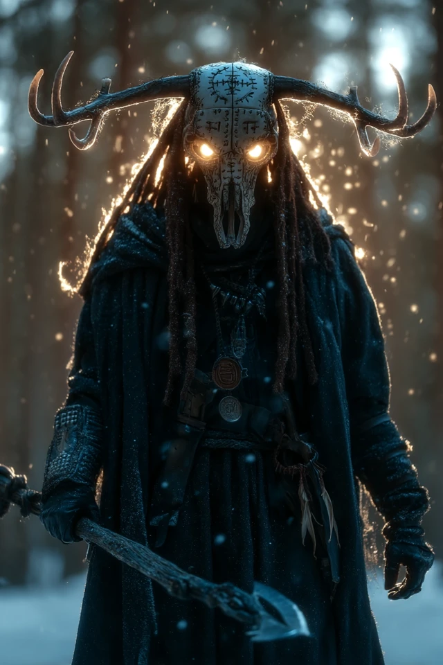 Masked Warrior in Snowy Forest Fantasy Art