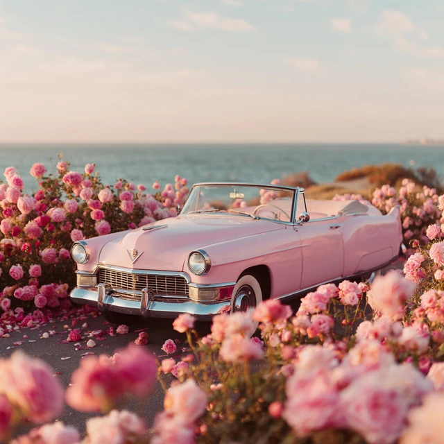 Pink Convertible Car in Roses Dreamy Scene