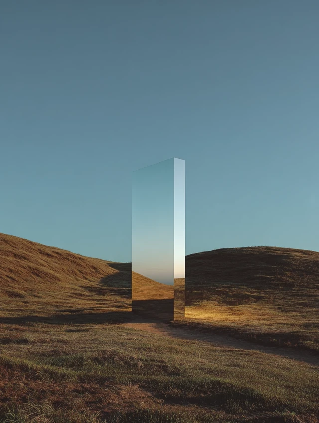 Mirror Monolith on Grassy Hill Landscape Photography