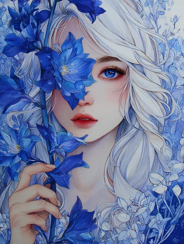 White Haired Girl Delphinium Watercolor Painting