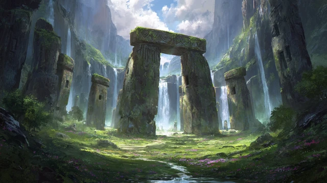Stonehenge Fantasy Landscape Waterfalls Valley