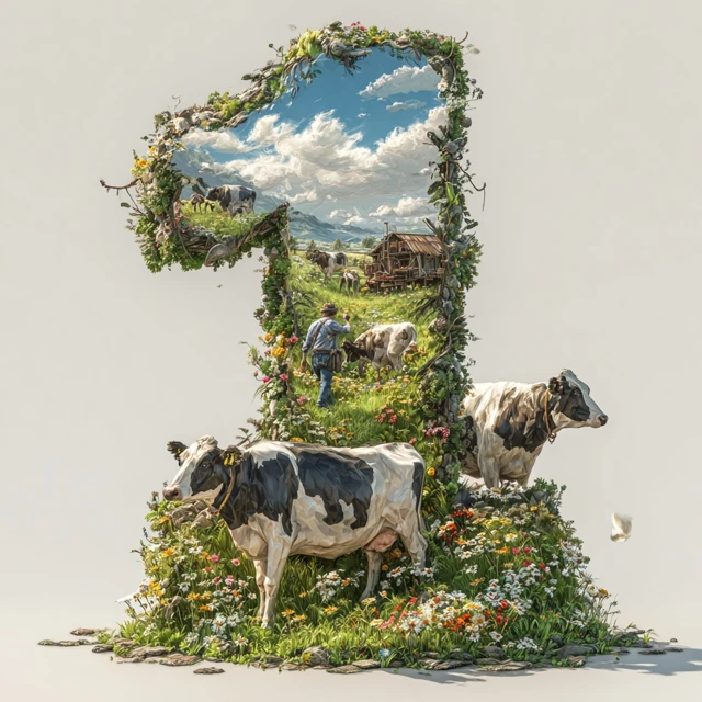 Number One in a Field with Cows and Farmer