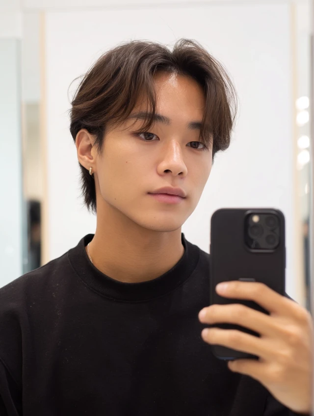 Korean Man Selfie Two Block Hair Salon Look
