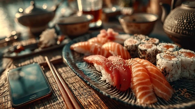 Sushi Plate and Smartphone Close Up Photography