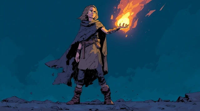 Young Witch Conjuring Fire in Dramatic Illustration