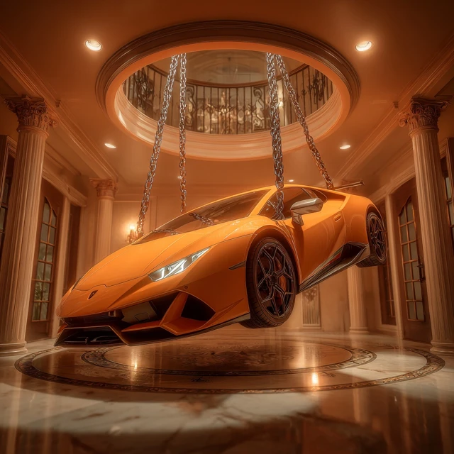 Luxury Mansion Foyer with Upside Down Lamborghini