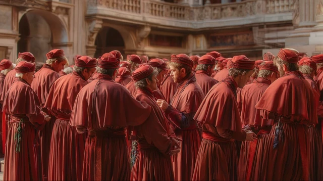 Cardinals in Red Robes Facing Young Men Back View