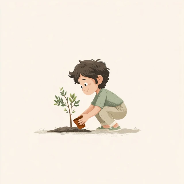 Child Planting Tree Animated Illustration