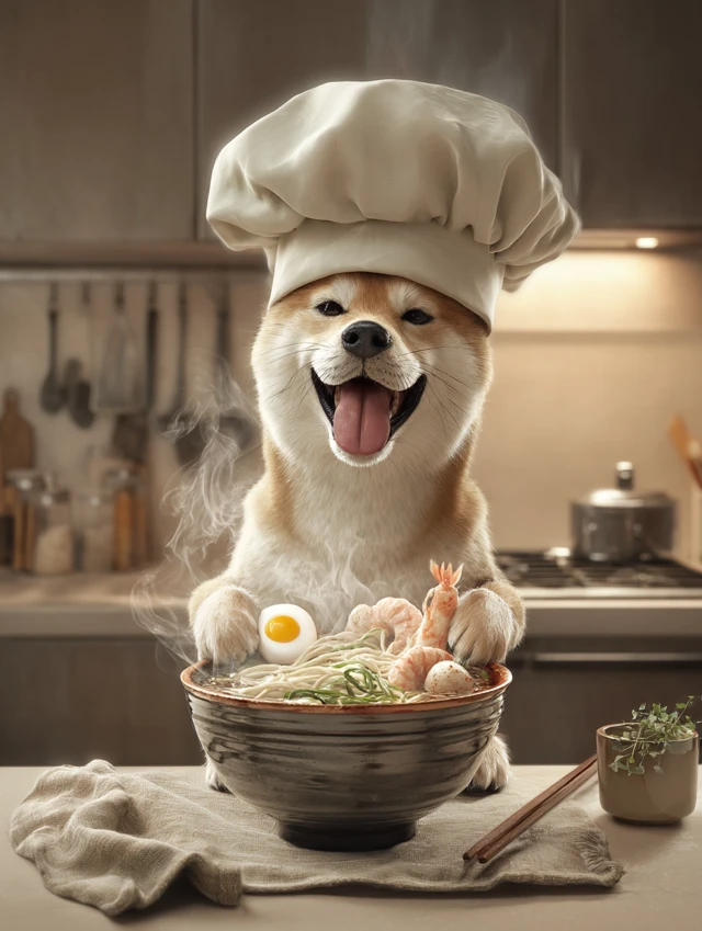 Chef Shiba Inu Smiling with Udon Noodles