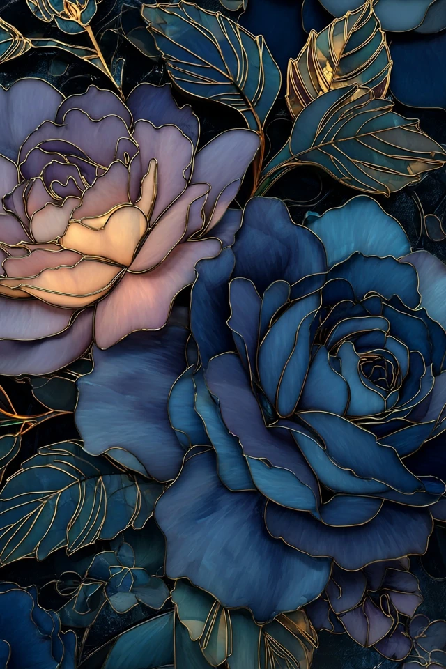 Navy Blue Flowers Stained Glass Art with Gold Accents