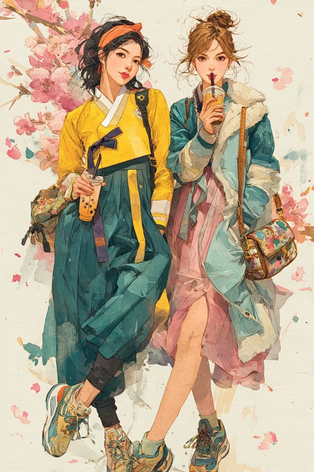 Korean Girls in Hanbok Fashion Illustration