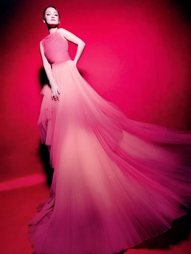 Pink Dress Portrait of European Girl in Red Background