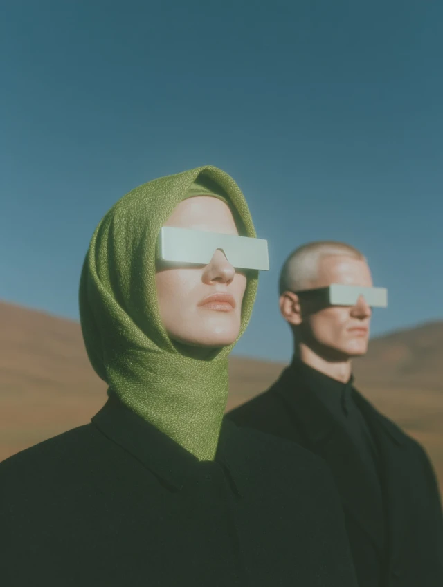 Futuristic Muslim Couple in Desert Hyperrealistic Portrait