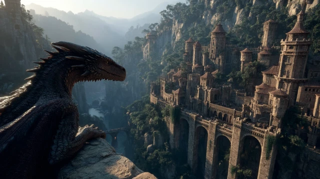 Dragon Overlooking Medieval Fortress