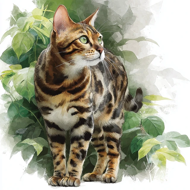 Bengal Cat Watercolor Illustration Alert and Focused
