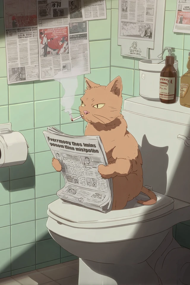 Anime Cat on Toilet Smoking and Reading