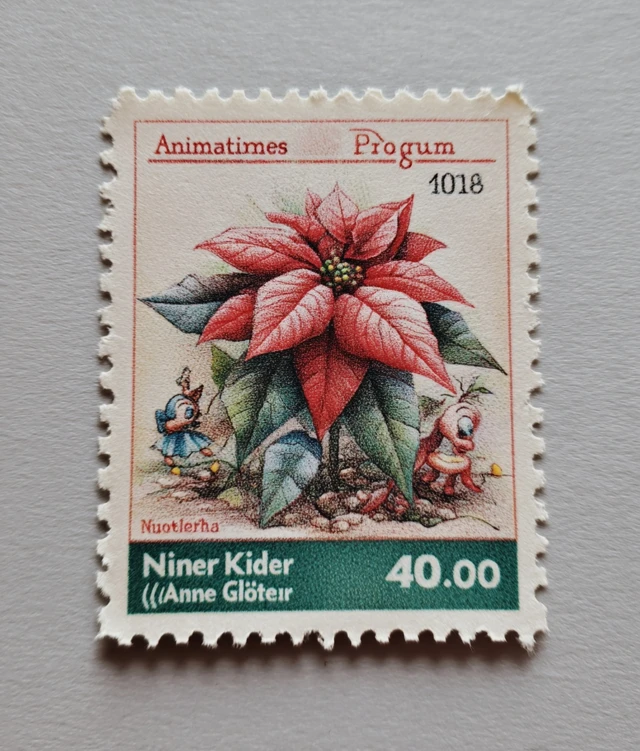 Vintage Stamp with Cubed Poinsettia Flower and Bunny