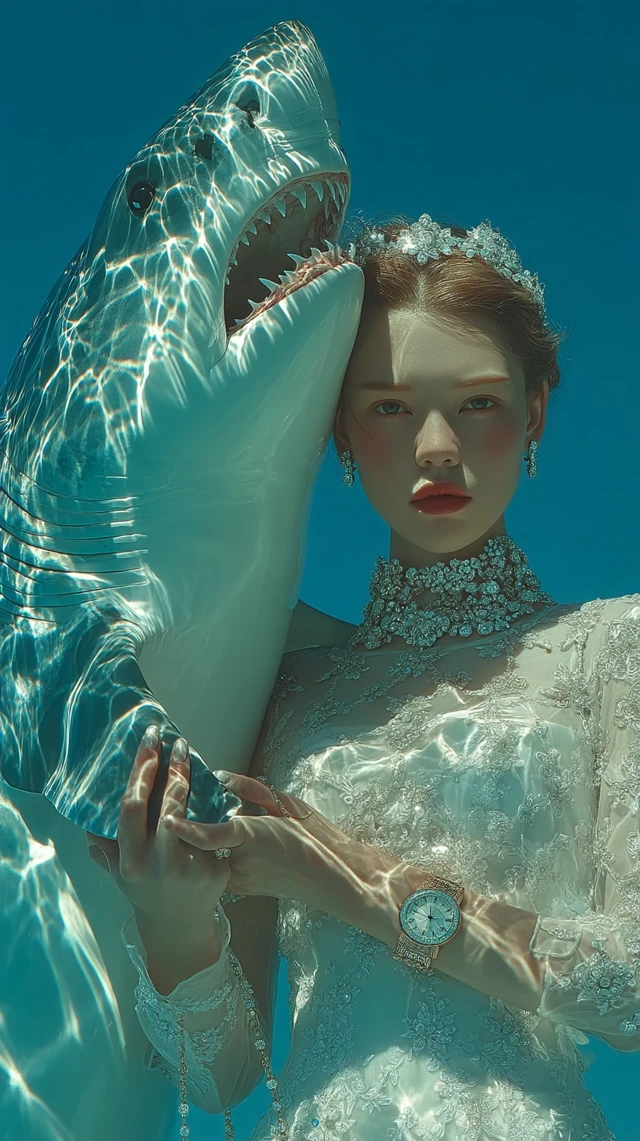 Korean Lady with Shark: Fashion, Luxury, Surreal 3D Art