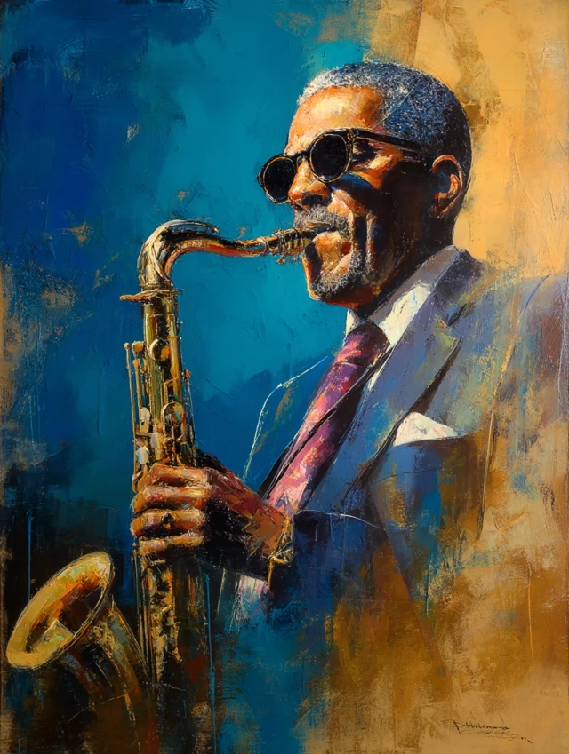 Jazz Saxophonist in Shades of Blue and Gold Portrait