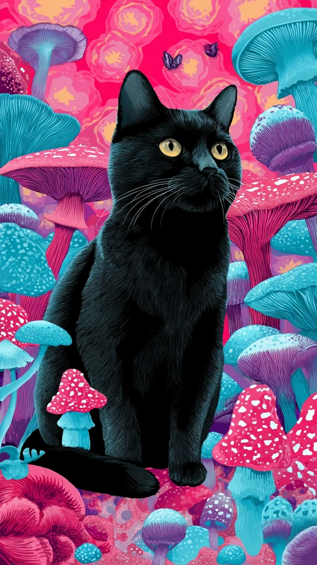 Black Cat in Psychedelic Mushroom Wonderland