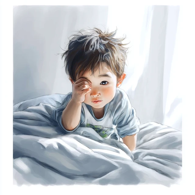 Japanese Toddler Boy Waking Up: Watercolor