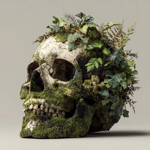 Skull Covered in Moss and Leaves Nature Art