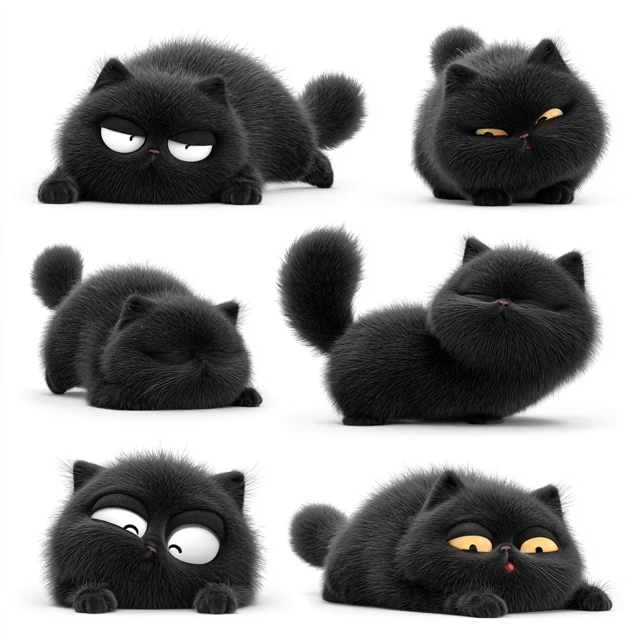 Cute Chubby Black Cat Funny Facial Expressions 3D Cartoon