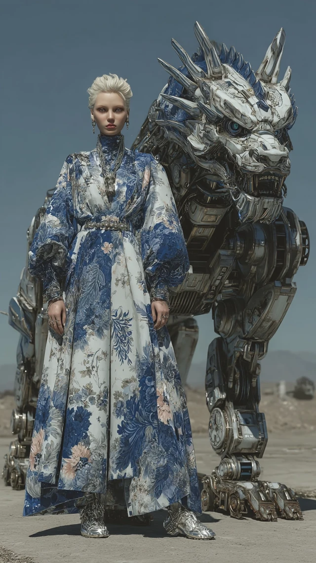 Cyberpunk Fashion Model and Robot Dragon 3D Render