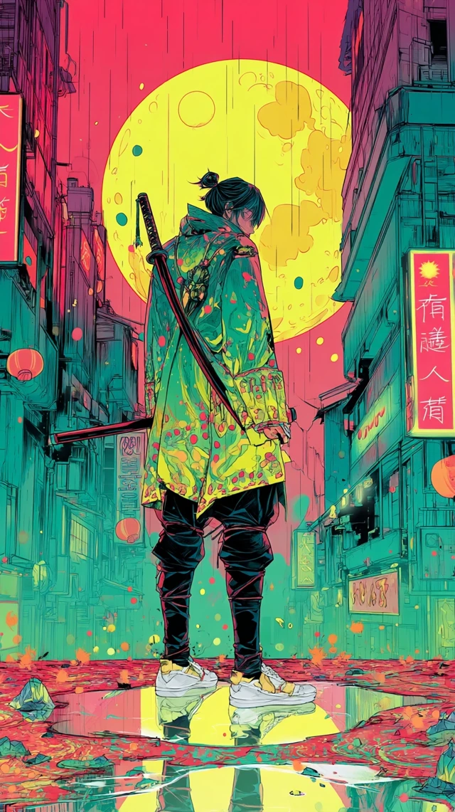 Cyberpunk Samurai on Rooftop at Night