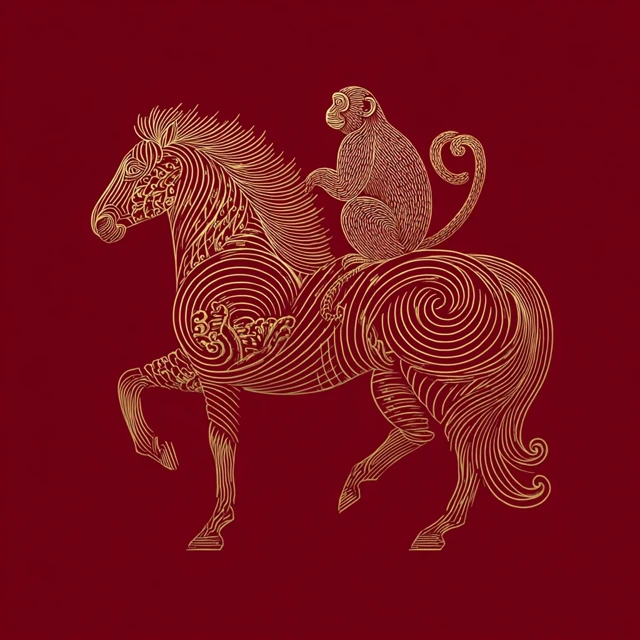 Golden Horse and Monkey Illustration Chinese Art
